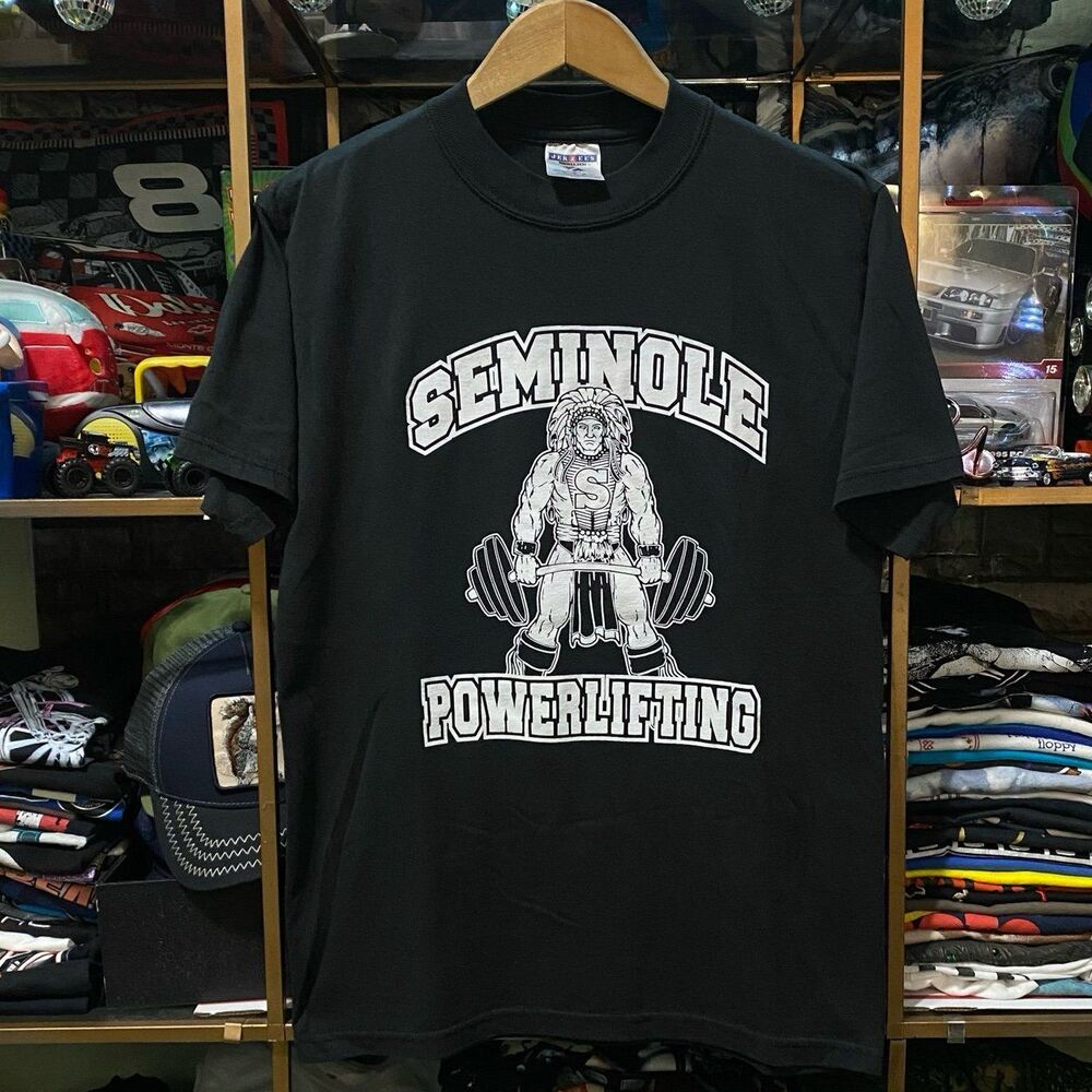 Vintage 90s Seminole Powerlifting Graphic Gym T-Shirt Men's Medium Black Jerzees